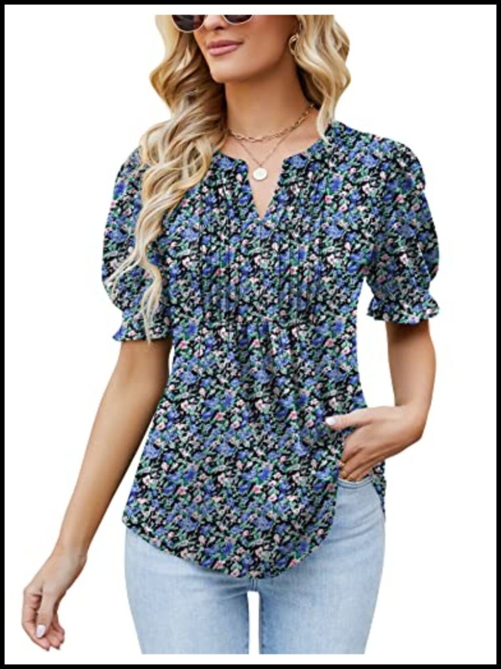 Women's Puff Sleeve V-Neck Floral Tunic Blouse Stretchy Lightweight